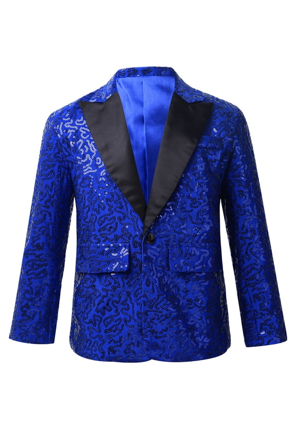 Kids Boys Shiny Sequined Suit Jacket Blazer One Button Tuxedo Blue 12