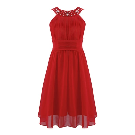 MSemis Kids Chiffon Flower Girls Dress First Communion Bridesmaid Wedding Sequins Halter Neckline Gowns Red 16
