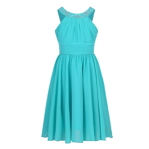 MSemis Kids Chiffon Flower Girls Dress First Communion Bridesmaid Wedding Sequins Halter Neckline Gowns Turquoise 14