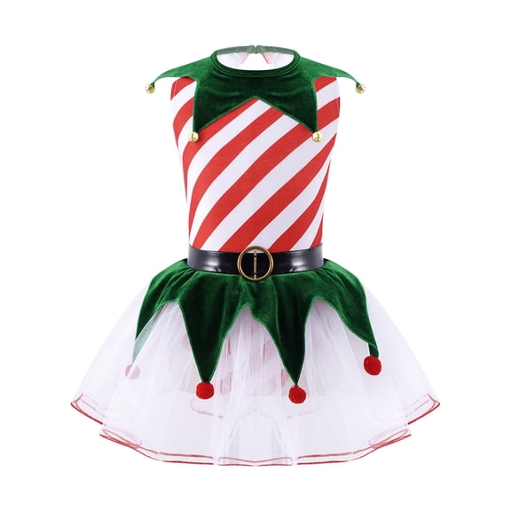 MSemis Kids Christmas Elf Costume Santa Claus Candy Cane Ballet Tutu Dress Leotard Red 14