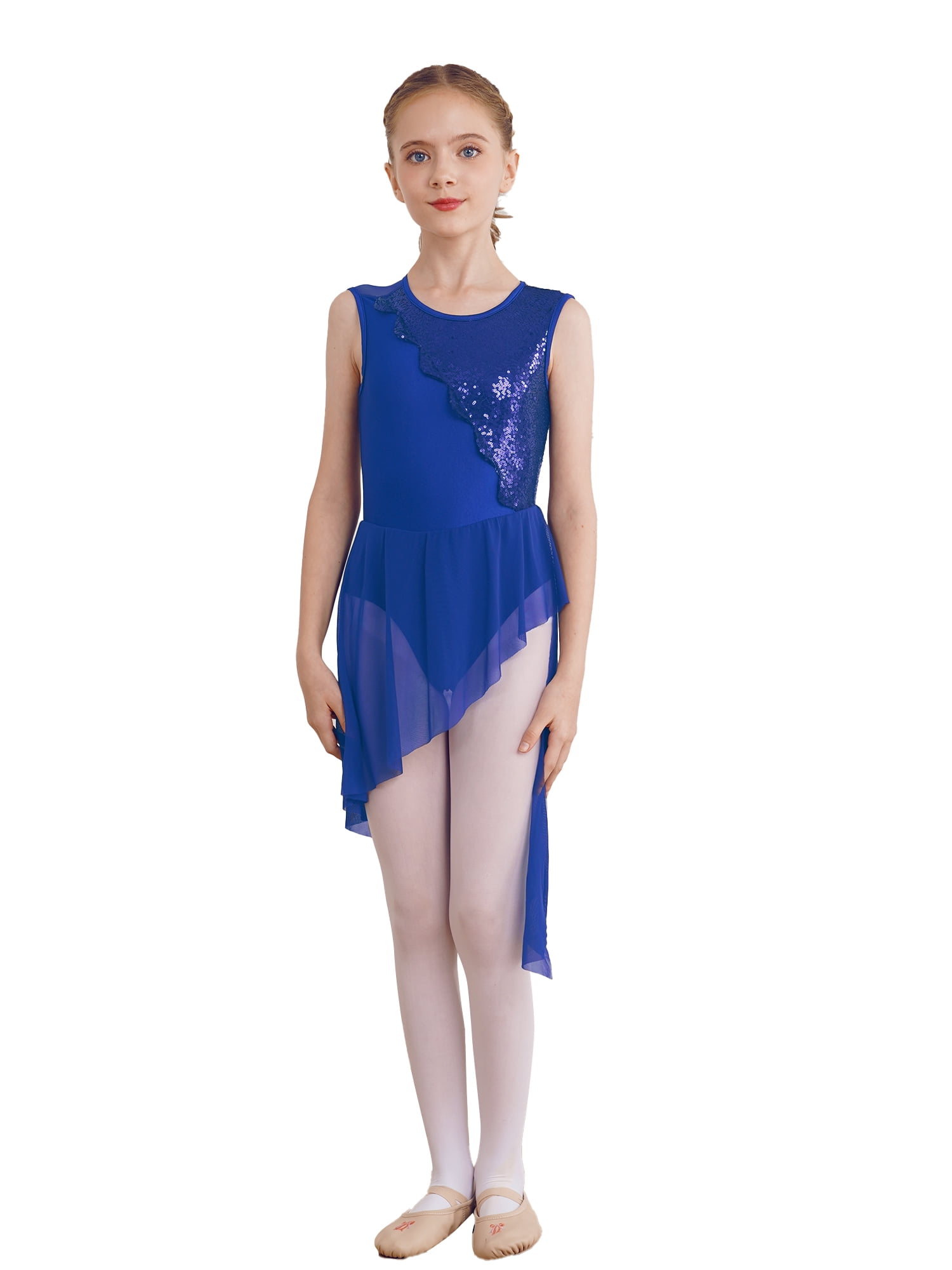 ACSUSS Women's Fingertip Lace Lyrical Ballet Dance Dress - Asymmetric Mesh Skirt Contemporary
