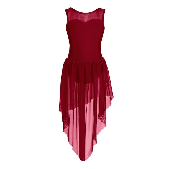 MSemis Kids Girl Sleeveless Mesh Open Back Ballet Leotard Dress,Size 4-14 Burgundy 6