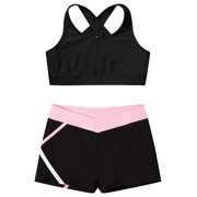 MSemis Kids Girls 2 Piece Dance Outfits Straps Racer Back Crop Top with Shorts Set Gymnastics Gym Black&Pink 14