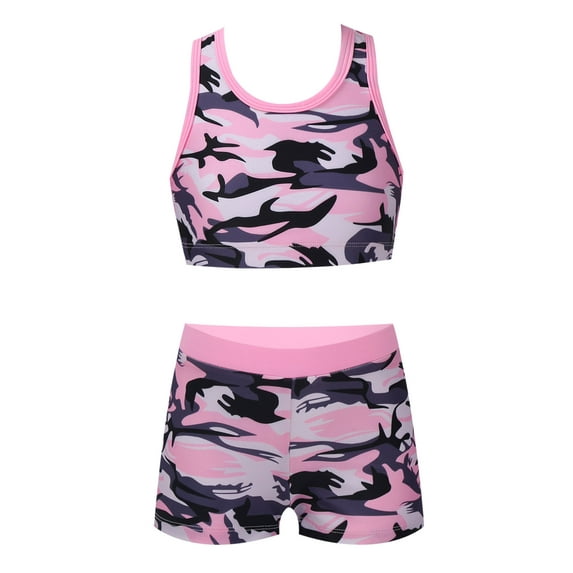 MSemis Kids Girls 2 Piece Tankini Swimsuit Bikini Set Racerback Tank Top Shorts Camouflage Pink 16