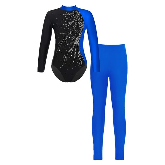 MSemis Kids Girls 2 Pieces Dance Gymnastics Leotard Unitard with Full Length Leggings Blue 12