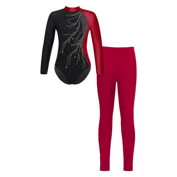 MSemis Kids Girls 2 Pieces Dance Gymnastics Leotard Unitard with Full Length Leggings Burgundy 6