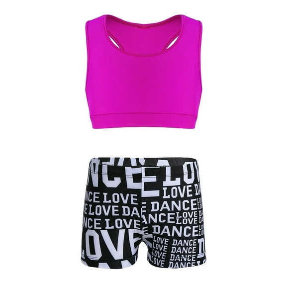 MSemis Kids Girls Active Set Racer Back Tank Top Booty Shorts Gymnastics Dancing Outfits Rose&Black 8-10