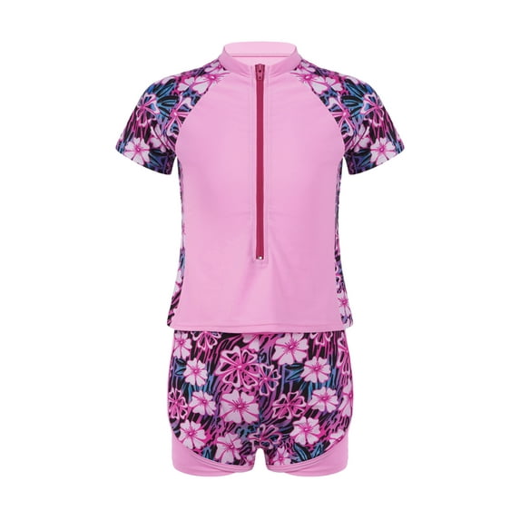 MSemis Kids Girls Athletic Swimsuit Two Piece Short Sleeve Rash Guard Swimwear Set Pink Floral 6