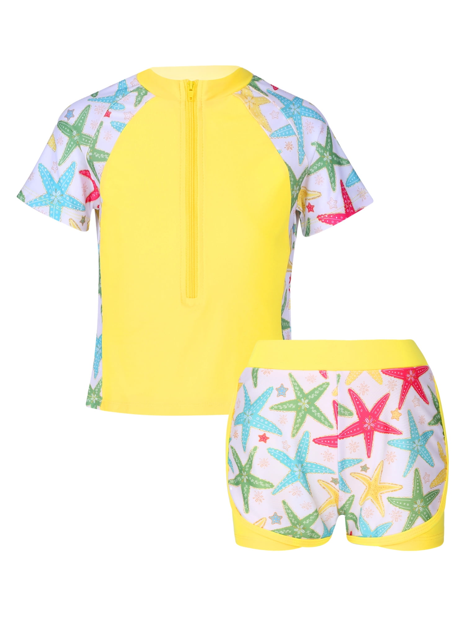 MSemis Kids Girls Athletic Swimsuit Two Piece Short Sleeve Rash Guard