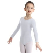 MSemis Kids Girls Ballet Dance Leotard Long Sleeve Solid Color Wear Gymnastic Leotard White 10