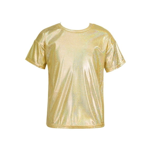 MSemis Kids Girls Boys Shiny T-shirt Metallic Short Sleeve T-Shirt Jazz Dance Top,Size 3-16 Gold 11-12
