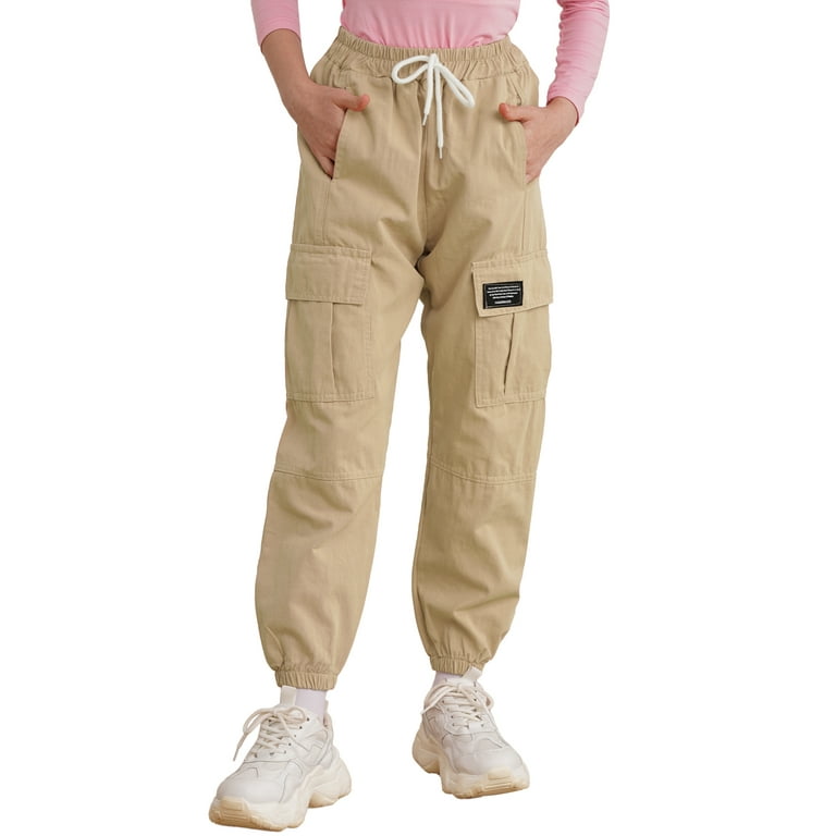 MSemis Kids Girls Cargo Jogger Pants Sports Pockets Trousers Sweatpants Beige 8