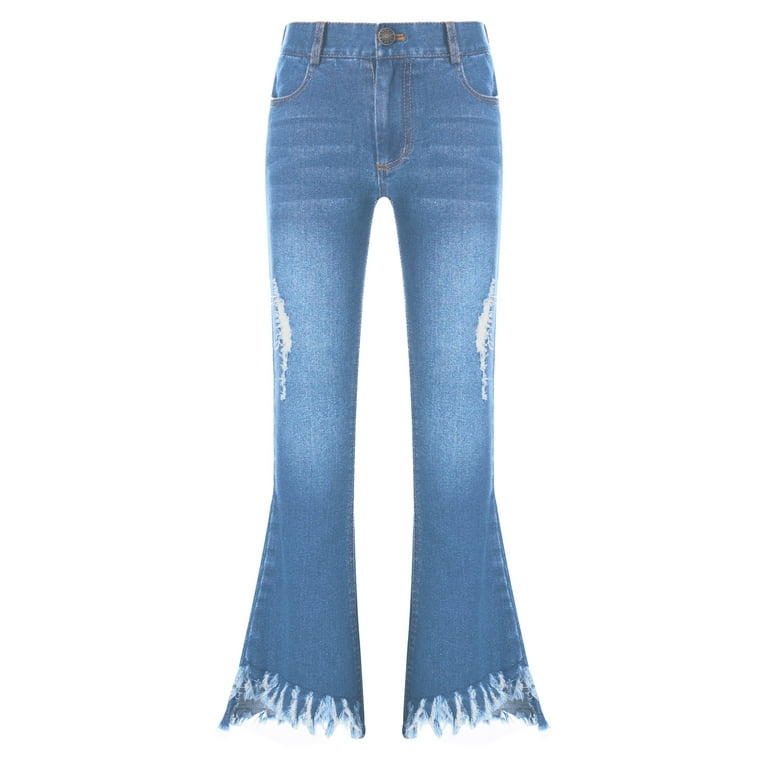 MSemis Kids Girls Casual Denim Jeans Bell Bottoms Ruffle Tassel Hem Flare  Pants Light Blue 5-6