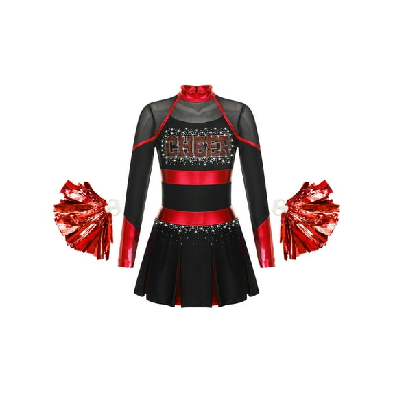 MSemis Kids Girls Cheer Leader Outfits Cheerleading Uniform Dress with Pom Pom Black&Red 10