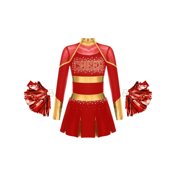 MSemis Kids Girls Cheer Leader Outfits Cheerleading Uniform Dress with Pom Pom Red 16