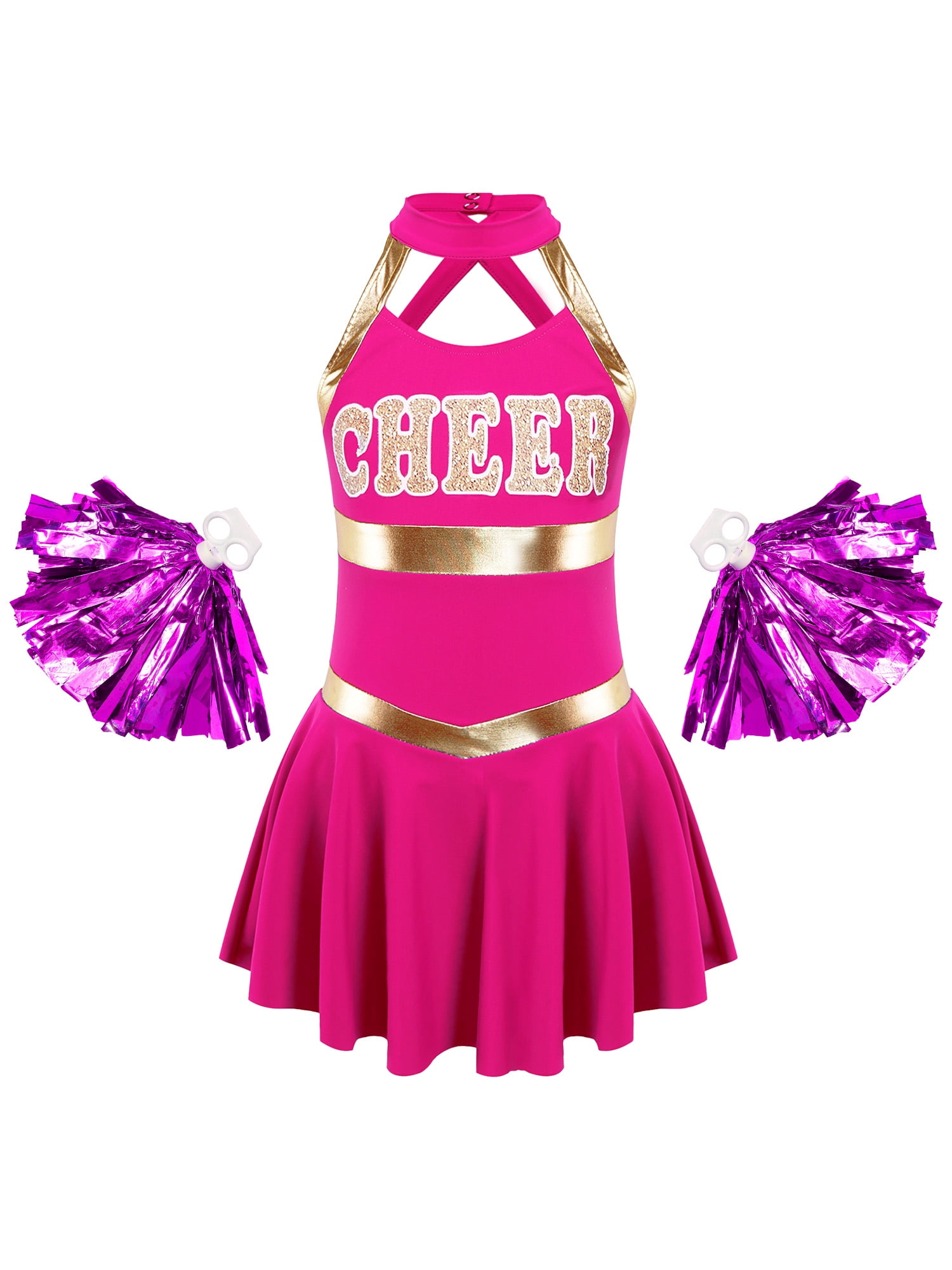 MSemis Kids Girls Cheer Leader Outfits School Uniform Costume with Pom