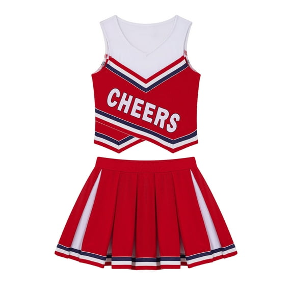 MSemis Kids Girls Cheer Leading Outfits Sports Workout Vest Tops with Pleated Skirt Red 8