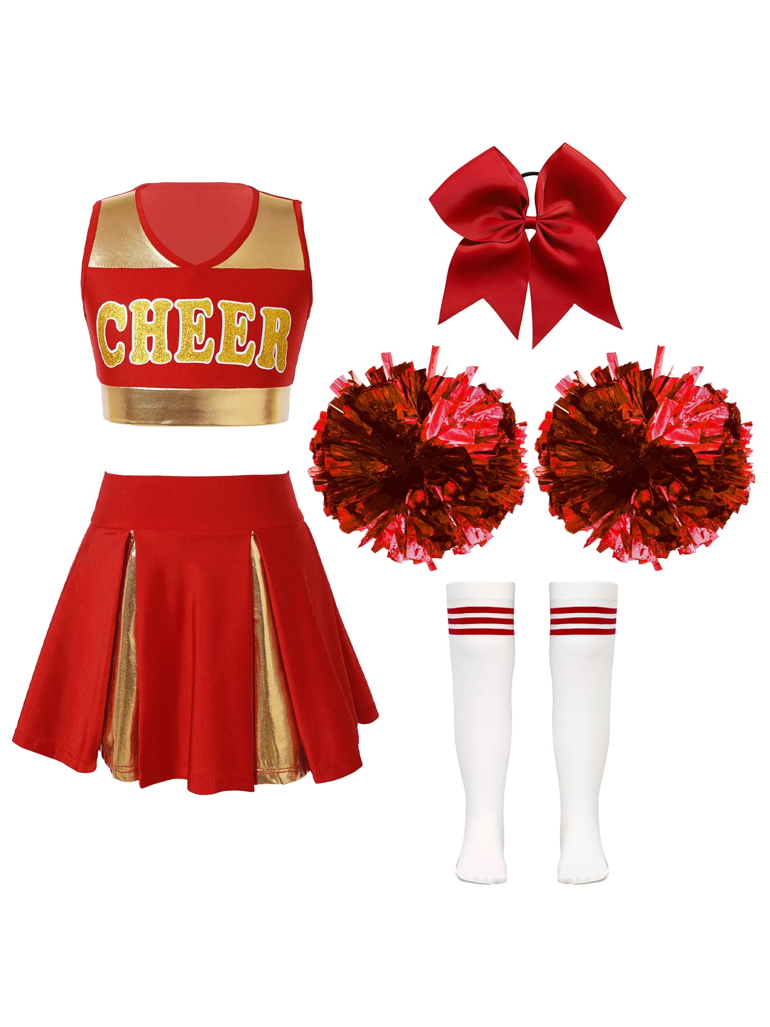 Red Cheer Girl Crop Top Mini Skirt Set with Pom-Poms
