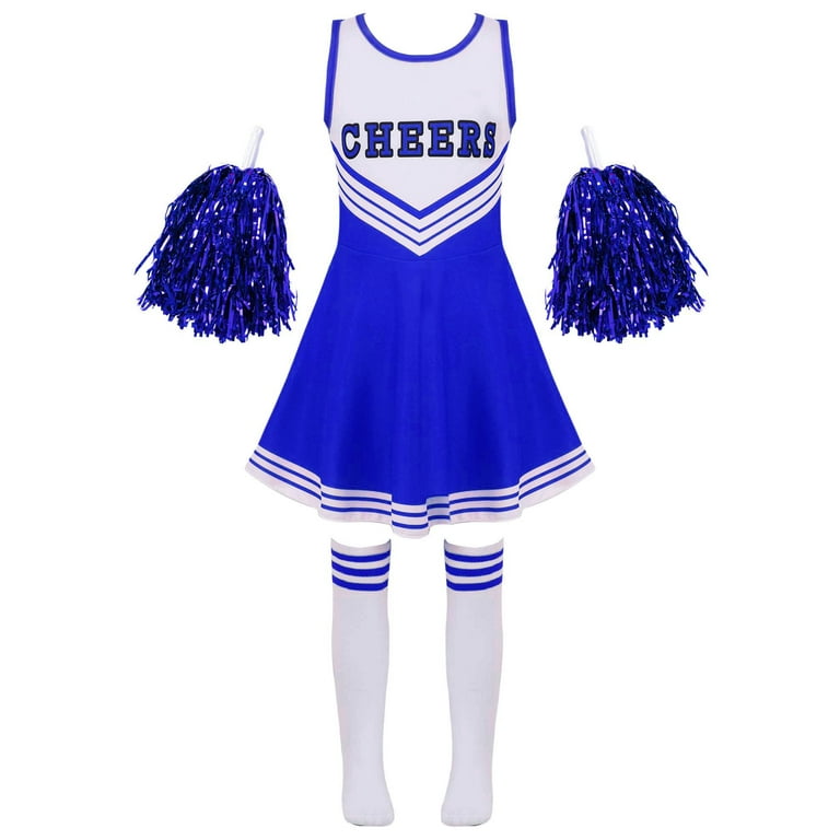 MSemis Kids Girls Cheerleader Outfits School Uniform Dress and Socks with  Pom Poms Blue 9-10