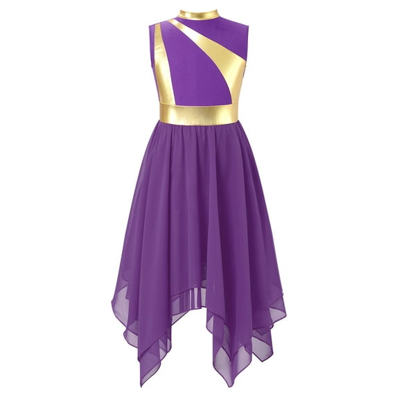 MSemis Kids Girls Chiffon Worship Praise Dance Dress Tunic Liturgical Lyrical Dance Costume Purple 6