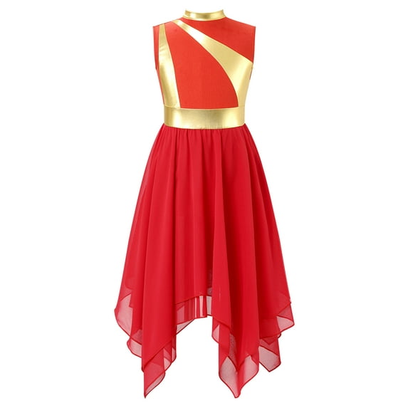 MSemis Kids Girls Chiffon Worship Praise Dance Dress Tunic Liturgical Lyrical Dance Costume Red 16