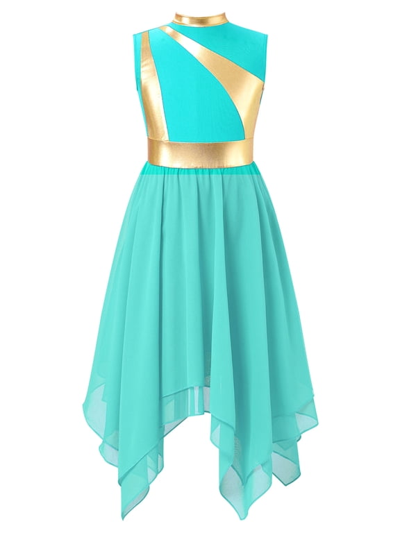 Kids Girls Chiffon Worship Praise Dance Dress Tunic Liturgical Lyrical Dance Costume Turquoise 6