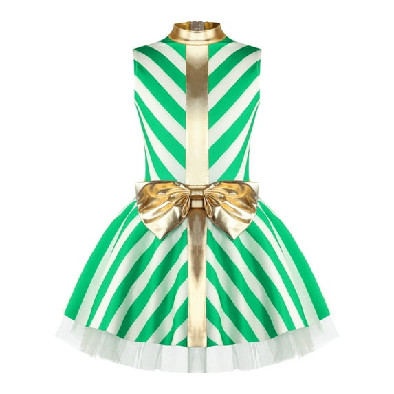 MSemis Kids Girls Christmas Candy Cane Ballet Tutu Leotard Santa Claus Dance Dress Green 14