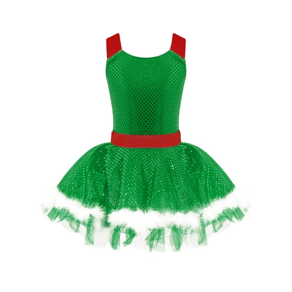 MSemis Kids Girls Christmas Dance Dress Santa Sequins Tutu Dress Ice Figure Skating Dress Green 4