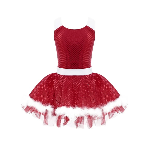 MSemis Kids Girls Christmas Dance Dress Santa Sequins Tutu Dress Ice Figure Skating Dress Red 12