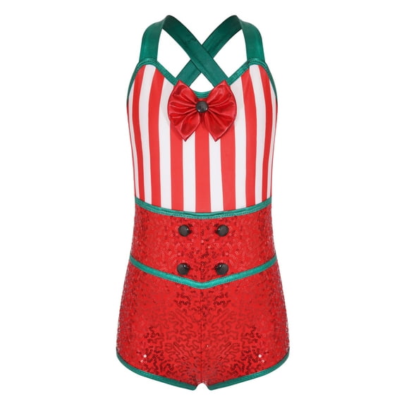 MSemis Kids Girls Christmas Elf Candy Cane Costume Sequins Ballet Dance Leotard Red 16