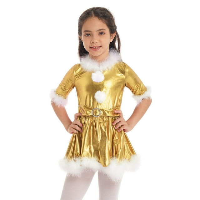 MSemis Kids Girls Christmas Modern Dance Shiny Metallic Dress Mid