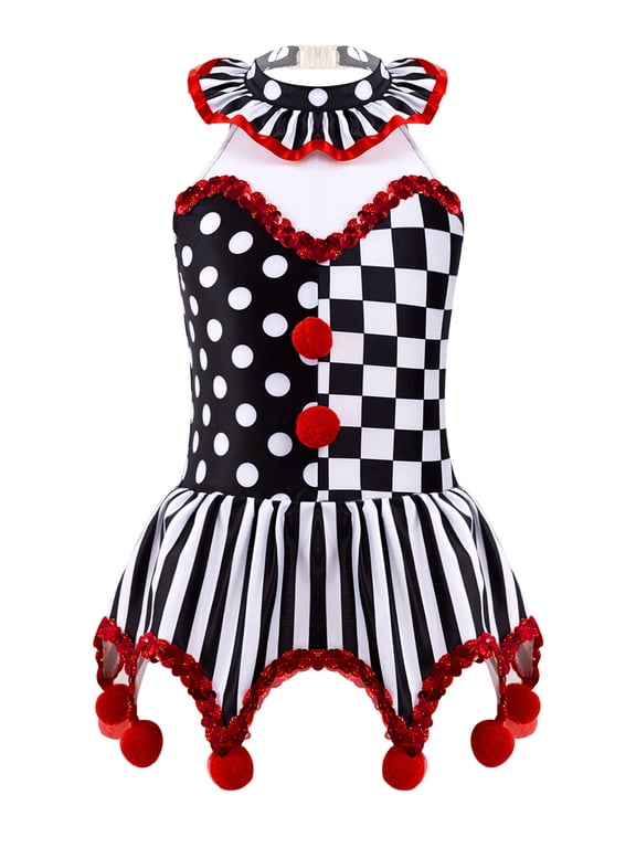 Kids Girls Clown Dress Circus Clown Funny Joker Jester Outfits Black&Red 6