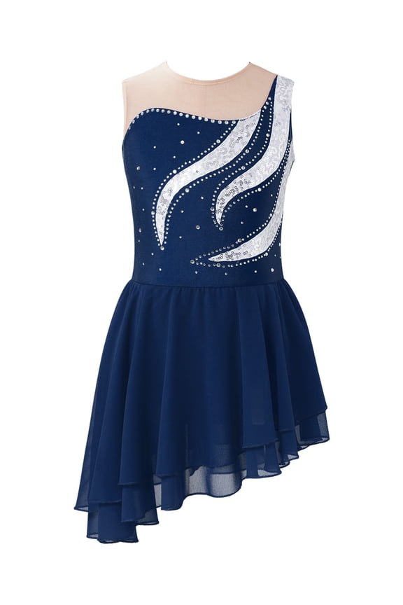 Kids Girls Figure Ice Skating Dance Dress Gymnastic Leotard Dress Navy Blue 16