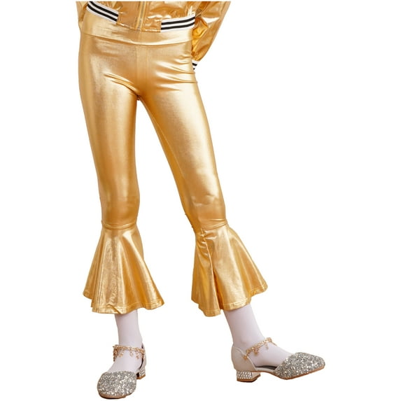 MSemis Kids Girls Flare Bell Bottom Metallic Dance Pants High Waist Glossy Jazz Leggings Trousers Gold 10