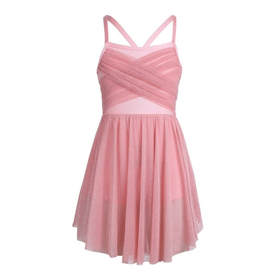 MSemis Kids Girls Glittery Mesh Criss Cross Latin Ballet Dance Dress Gymnastics Leotard A Pearl Pink 10