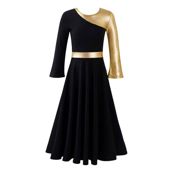 MSemis Kids Girls Gold Color Block Praise Dance Dress Long Sleeve Liturgical Worship Costume Church Robe Black 6