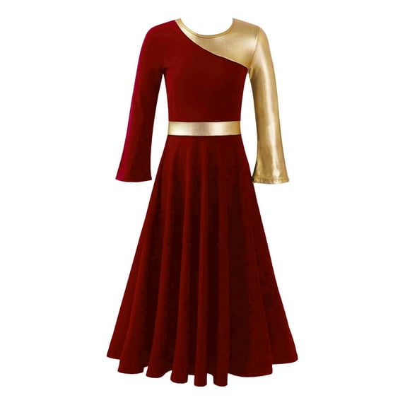 MSemis Kids Girls Gold Color Block Praise Dance Dress Long Sleeve Liturgical Worship Costume Church Robe Red 8