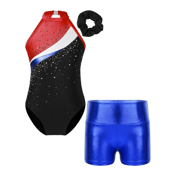 MSemis Kids Girls Gymnastic Leotard Outfits with Metallic Shorts Hair Band Red&Royal Blue 8
