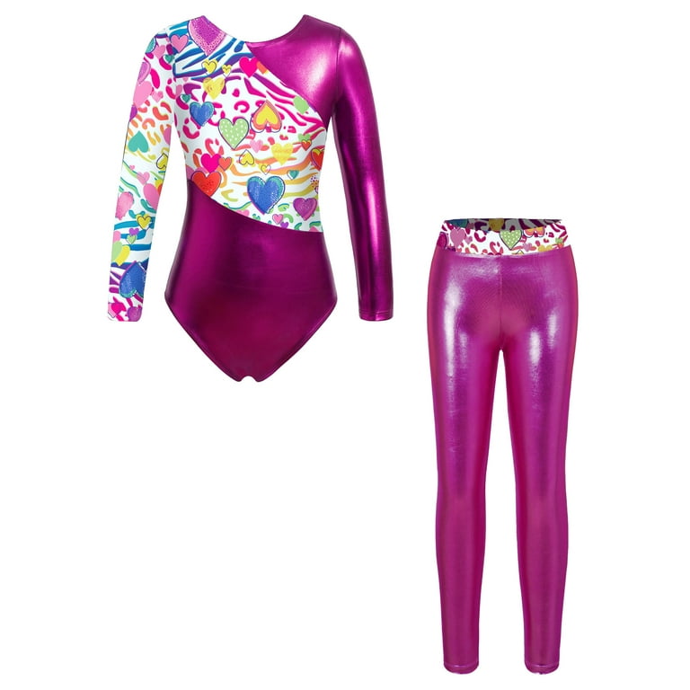 MSemis Kids Girls Gymnastics Leotard Outfit with Metallic Leggings Hot Pink  8 
