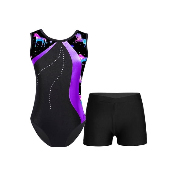 MSemis Kids Girls Gymnastics Leotard Outfits with Shorts Set Figure Ice Skating Dance Biketard Purple 13-14