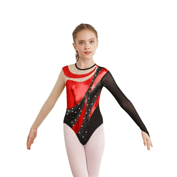 MSemis Kids Girls Gymnastics Leotard Rhinestone Ballet Dance Bodysuit Unitard Dancewear Red 14