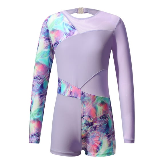 MSemis Kids Girls Gymnastics Leotards Long Sleeve Dance Biketards Shorts Unitards Lavender 10