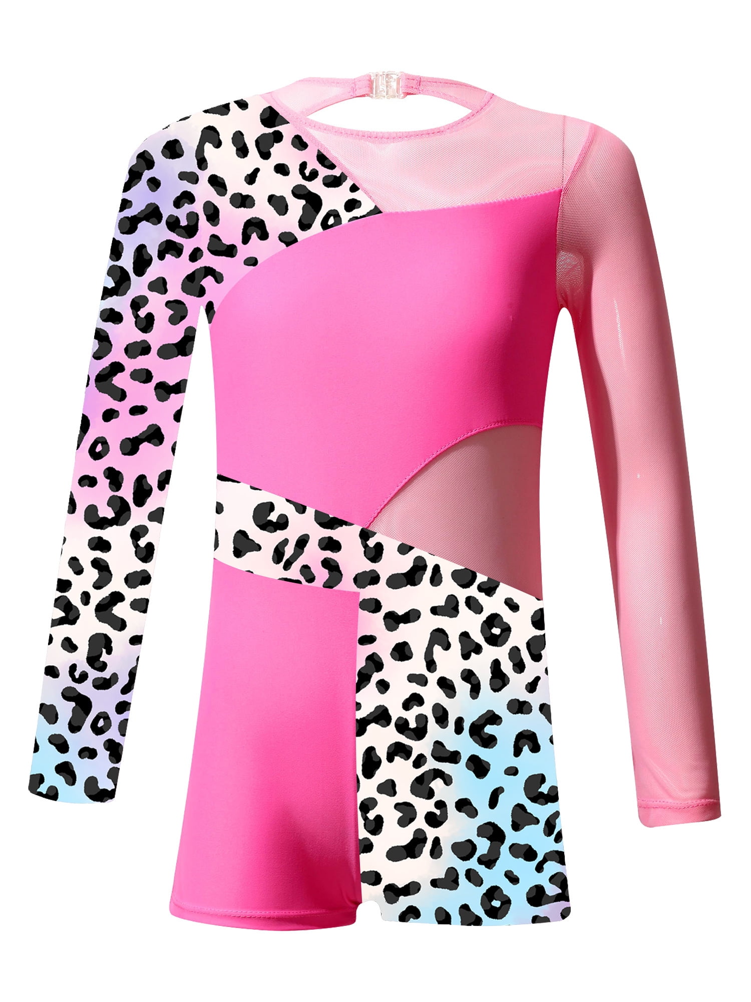MSemis Kids Girls Gymnastics Leotards Long Sleeve Dance Biketards Shorts Unitards Pink Leopard