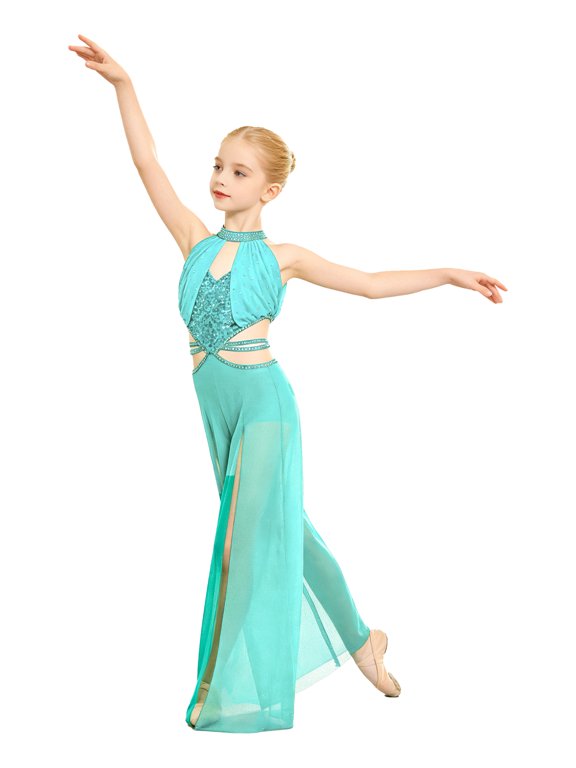Kids Girls Gymnastics Leotards Sequin Bodice Mesh Split Cutout Lyrical Dance Jumpsuit Light Green 6