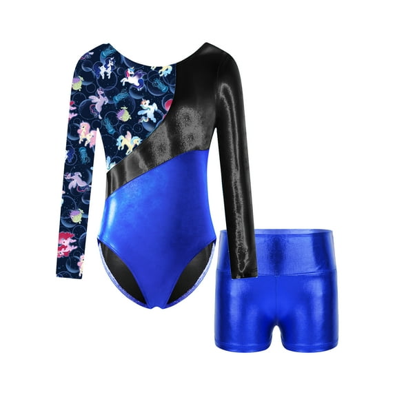 MSemis Kids Girls Gymnastics Outfit Long Sleeve Ballet Leotard with Shorts Royal Blue 12