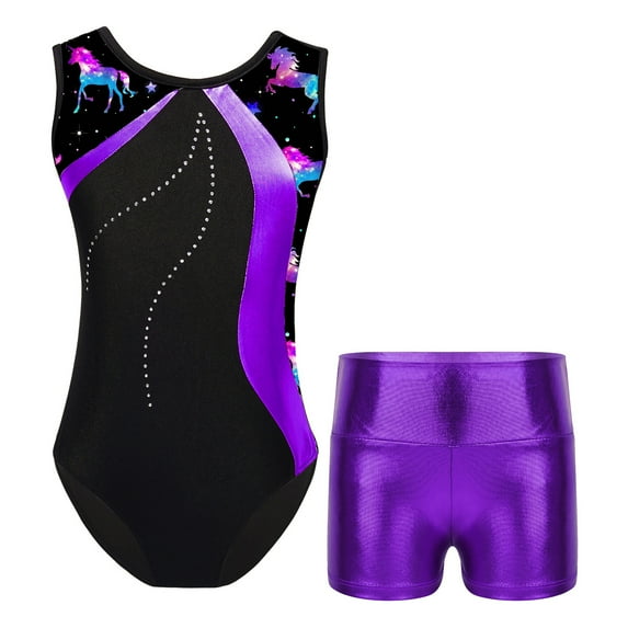 MSemis Kids Girls Gymnastics Yoga Dance Sports Set Prints Leotard and Metallic Shorts Dancewear Outfit Purple 4