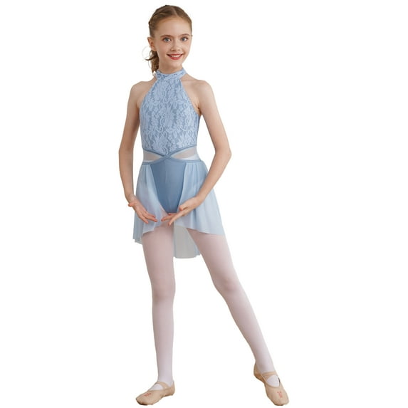 MSemis Kids Girls Lace Lyrical Dance Costume Ballet Leotard Dance Dress Light Blue 12