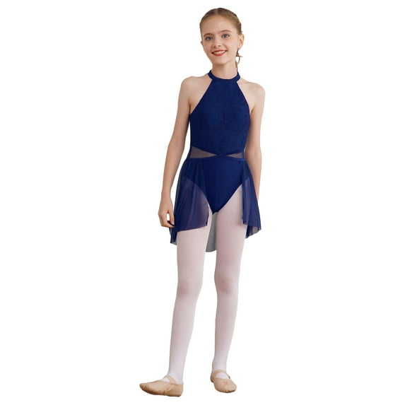 MSemis Kids Girls Lace Lyrical Dance Costume Ballet Leotard Dance Dress Navy Blue 14
