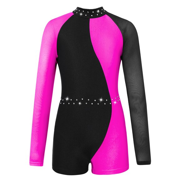 MSemis Kids Girls Long Sleeve Ballet Dance Leotard Gymnastics Biketard Short Unitard Dancewear Rose 12