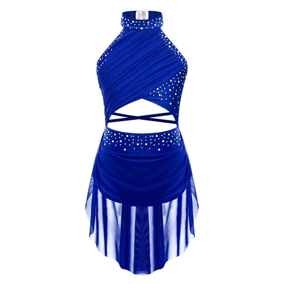 MSemis Kids Girls Lyrical Dance Costume Halter Modern Contemporary Dance Dress Blue 14